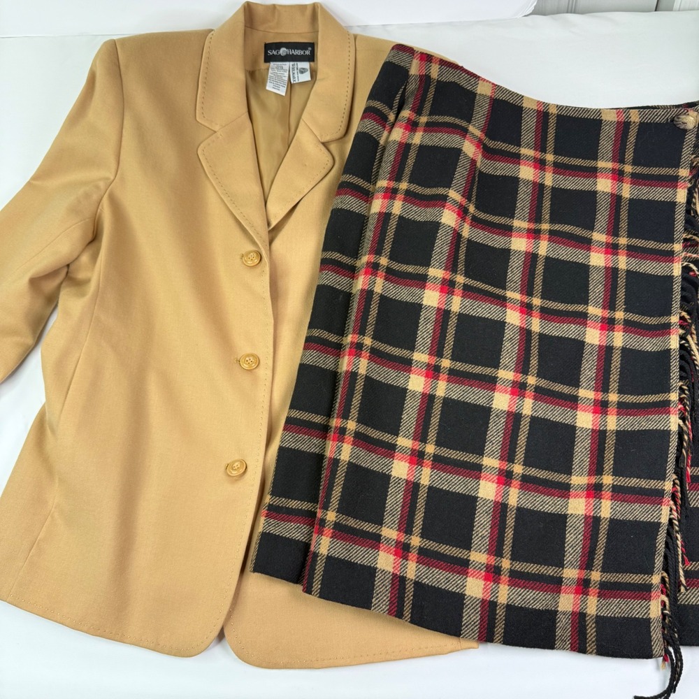Sag Harbor Vintage Wool Blend Skirt Suit Tan Blazer Plaid Fringe Skirt Set 14